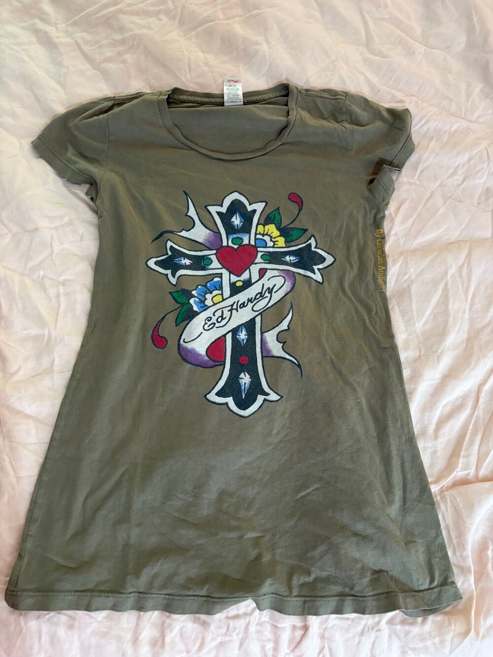 Ed Hardy Y2K Gothic Cross Tattoo Graphic Tee Olive Green Grunge Fairycore skater